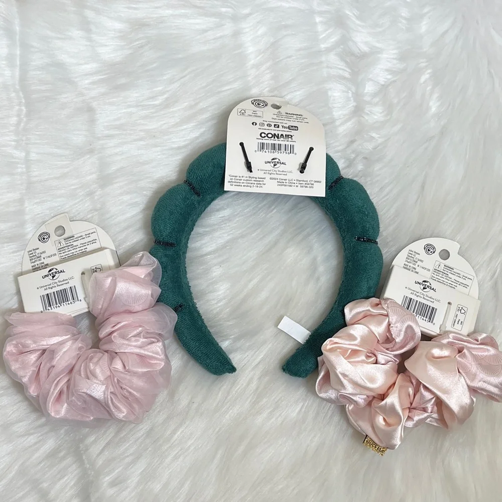 New Scunci Wicked Green Headband Pink Scrunchies Ponytail Holder Set